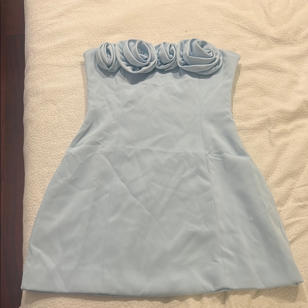 Light Blue Strapless Dress with Floral Detail Peppermayo